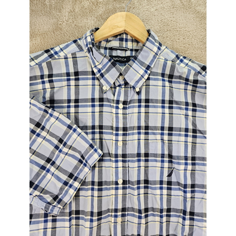 Nautica Plaid Shirt Short Sleeve Men's Size XXL Blue White Yellow Button-down